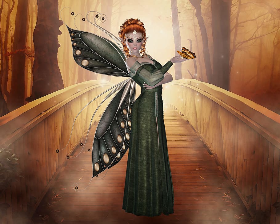 green fairy illustration, people, fairy, bridge, nature, elf, wood, outdoors, myth, magic