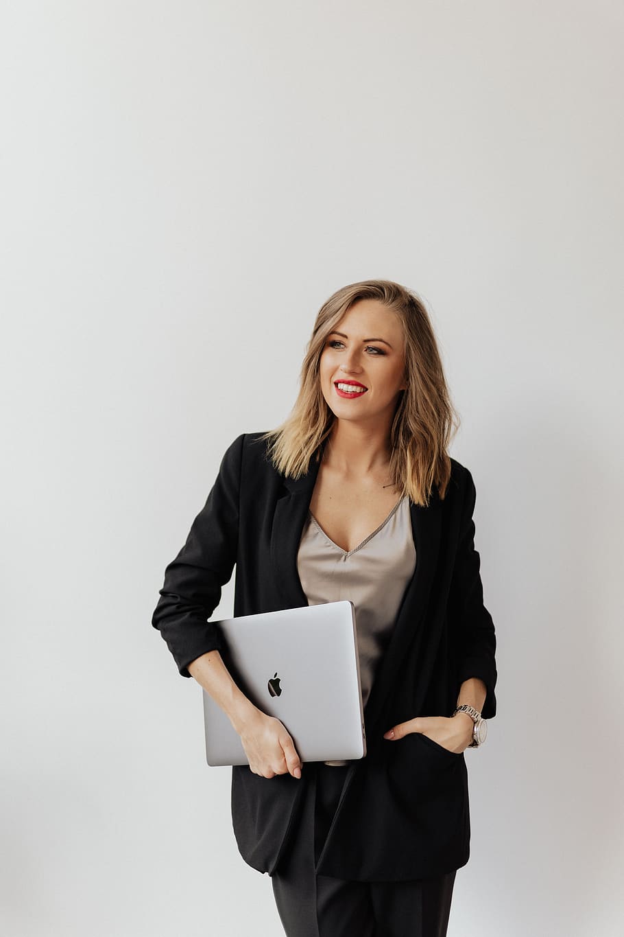 business woman, business, woman, laptop, computer, standing, blond, blonde, smile, attractive