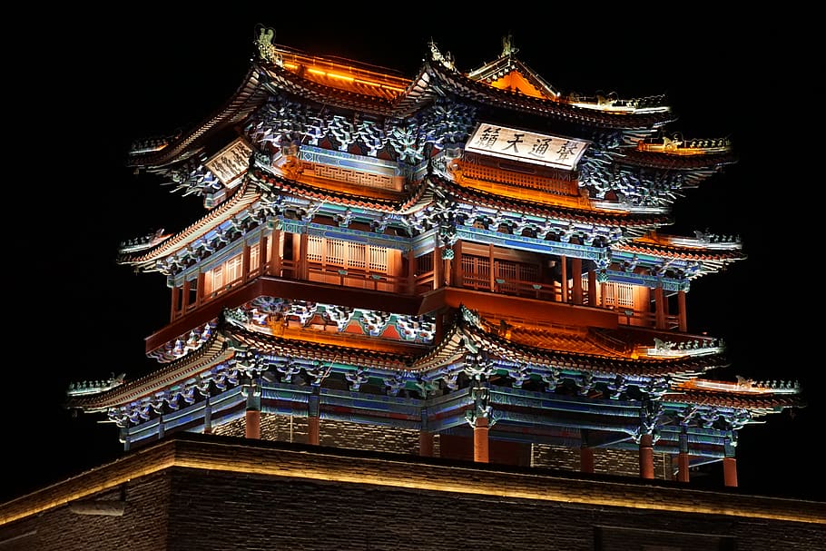 China, edificio, arquitectura, histórico, exterior del edificio, estructura construida, iluminado, noche, vista de ángulo bajo, sin gente