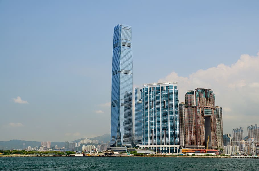 blue buildings, china, building, architecture, city, cityscape, business, skyline, skyscraper, harbor