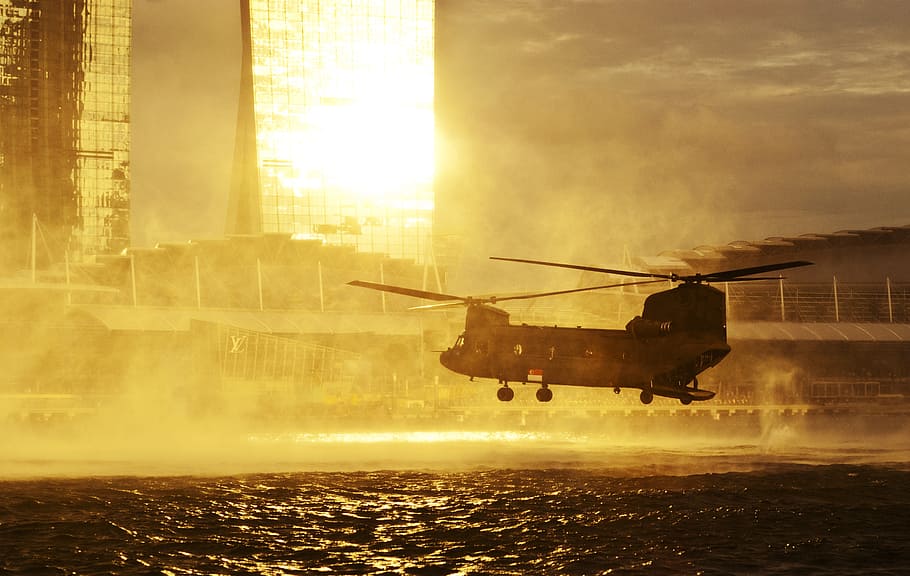 gray, carrier helicopter, sea, city, helicopter, hovering, water, fly, aircraft, aviation