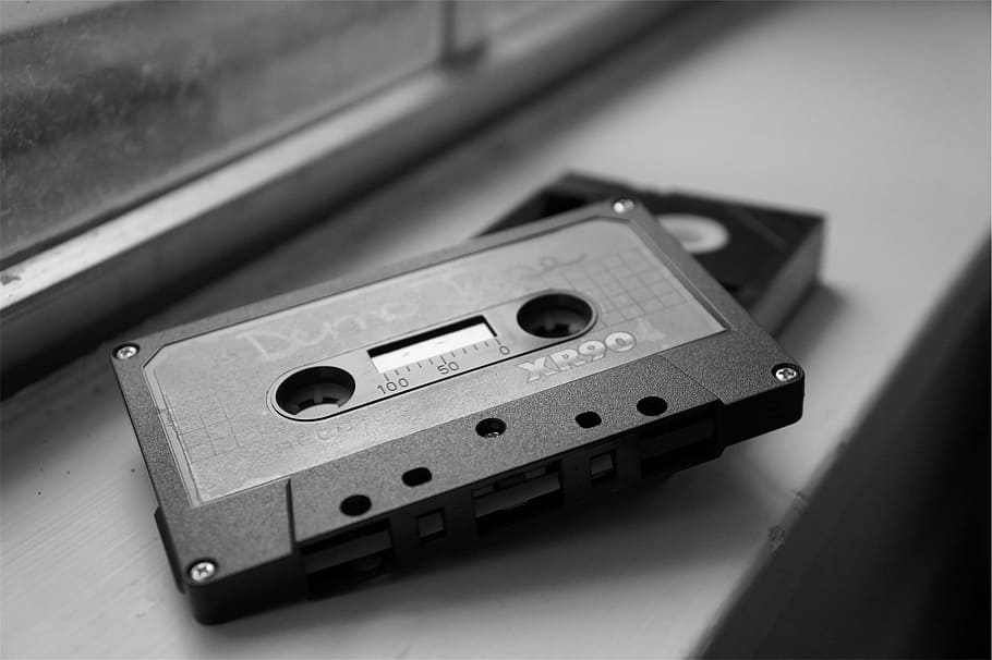 grayscale photo, two, cassette tapes, cassette, tape, audio, black and white, audio Cassette, music, old-fashioned