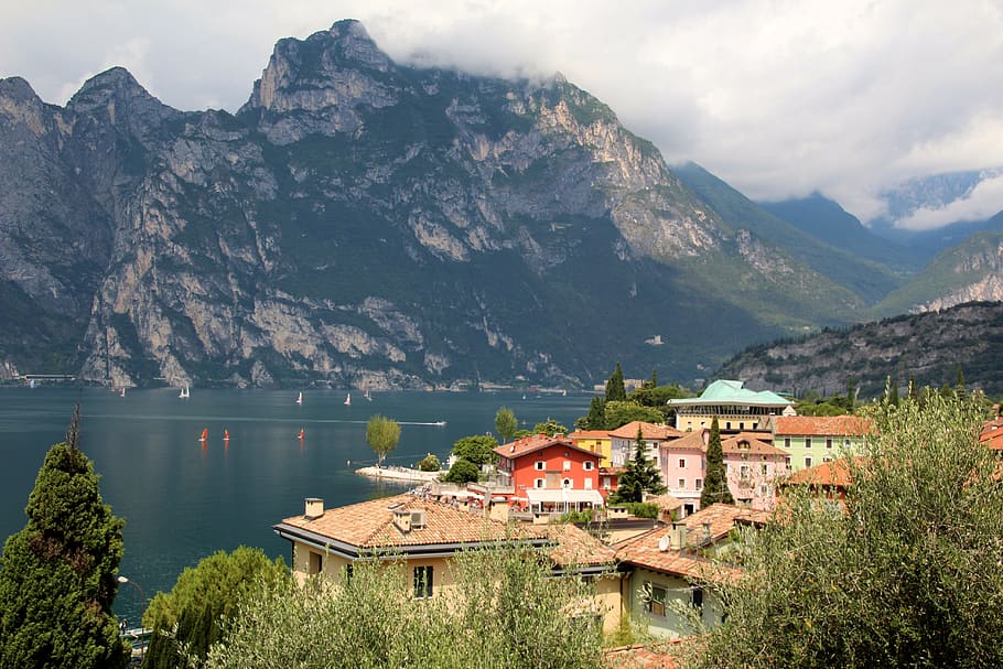italy, torbole, garda, clouds, mountains, panorama, riva, vacations, mountain, architecture