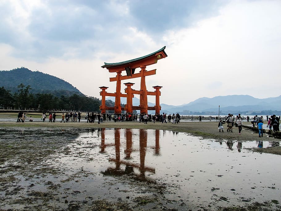 巖 pulau, 巖, Pulau, Kuil, kuil shinto itsukushima, itsukushima, torii apung, air rendah, air pasang surut, miyajima
