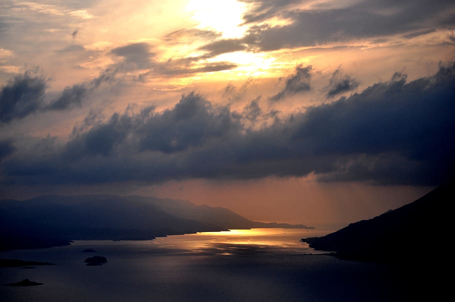 lake during sunset, sunset, rainy day, sky, cloud, scene, cloudscape, peljesac channel, croatia, mountains