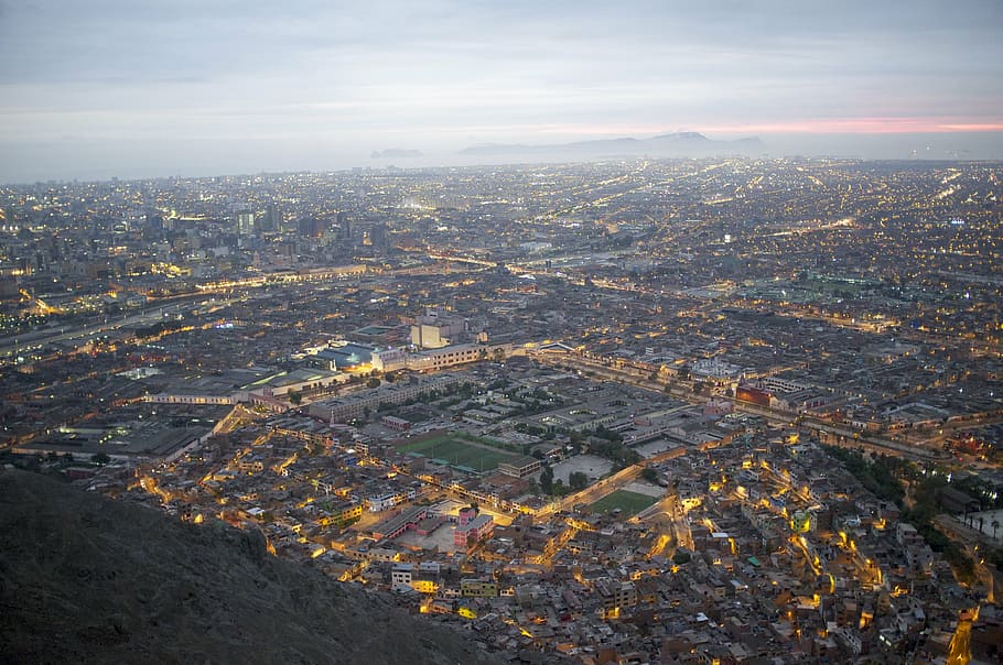 aerial, buildings, lima, cityscape, city, sunset, peru, urban, destination, cerro san cristobal
