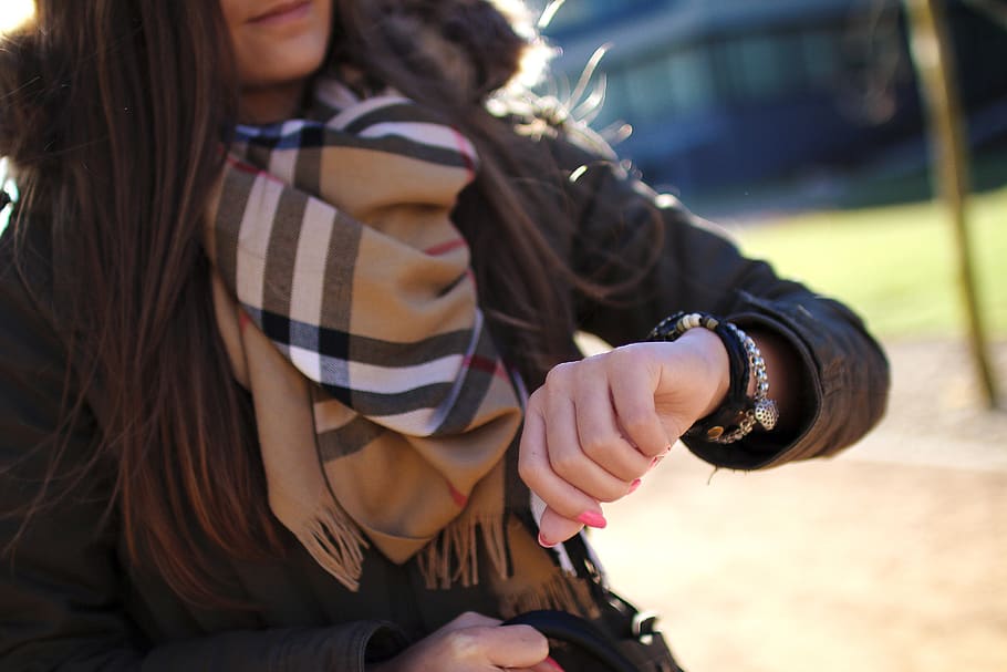 watch, time, bracelet, hand, young, girl, woman, fashion, scarf, burberry