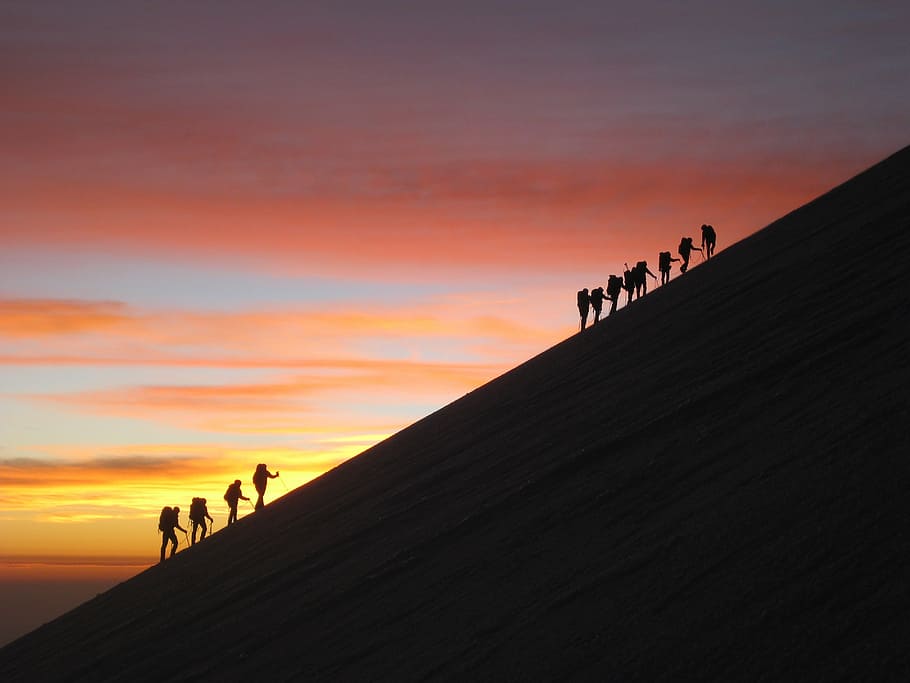 foto da silhueta, caminhantes, plano de fundo, pôr do sol, nascer do sol, alpinismo, geleira, equipe, méxico, silhueta