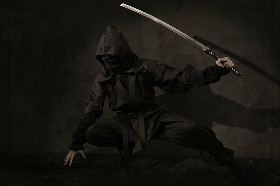 homem, preto, moletom com capuz, ninja, guerreiro, Japão, assassino, espada, máscara, sombra