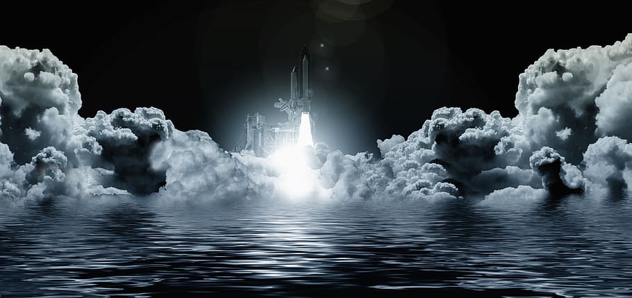 cohete espacial, lanzamiento, cielo, transbordador espacial colombia, nubes, humo, introducción, misión, astronautas, despegue