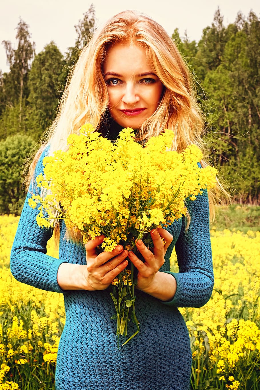 smiling, woman, holding, yellow, rapeseed flowers bouquet, daytime, dandelion, nature, greens, living nature