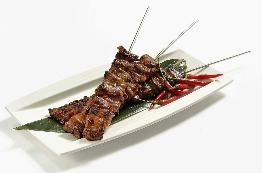 grilled, meat, served, white, ceramic, plate, asian food, barbecue, food, white background