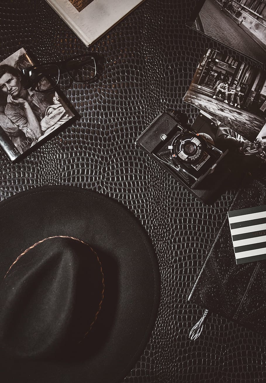 fedora hat, camera, flat, lay, photography, black, vintage, hat, lens, cap