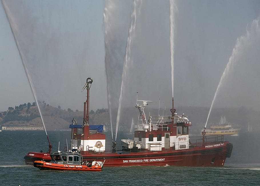 Fireboat, Ships, Spray, Water, Ocean, nautical, coast guard, san francisco, fire department, marine
