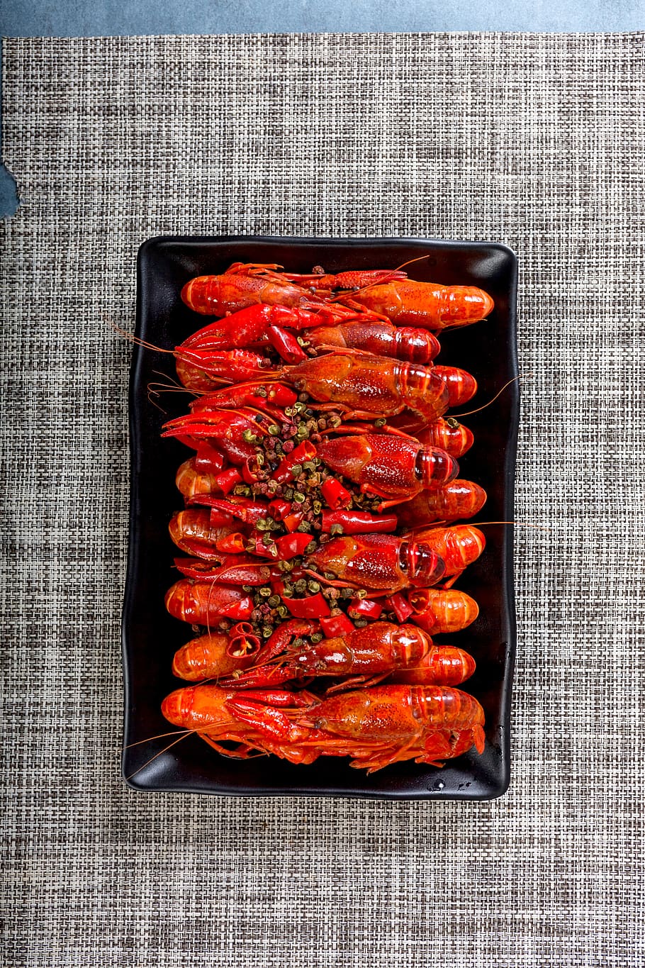 food, spicy crayfish, cooking, directly above, freshness, food and drink, still life, high angle view, red, indoors