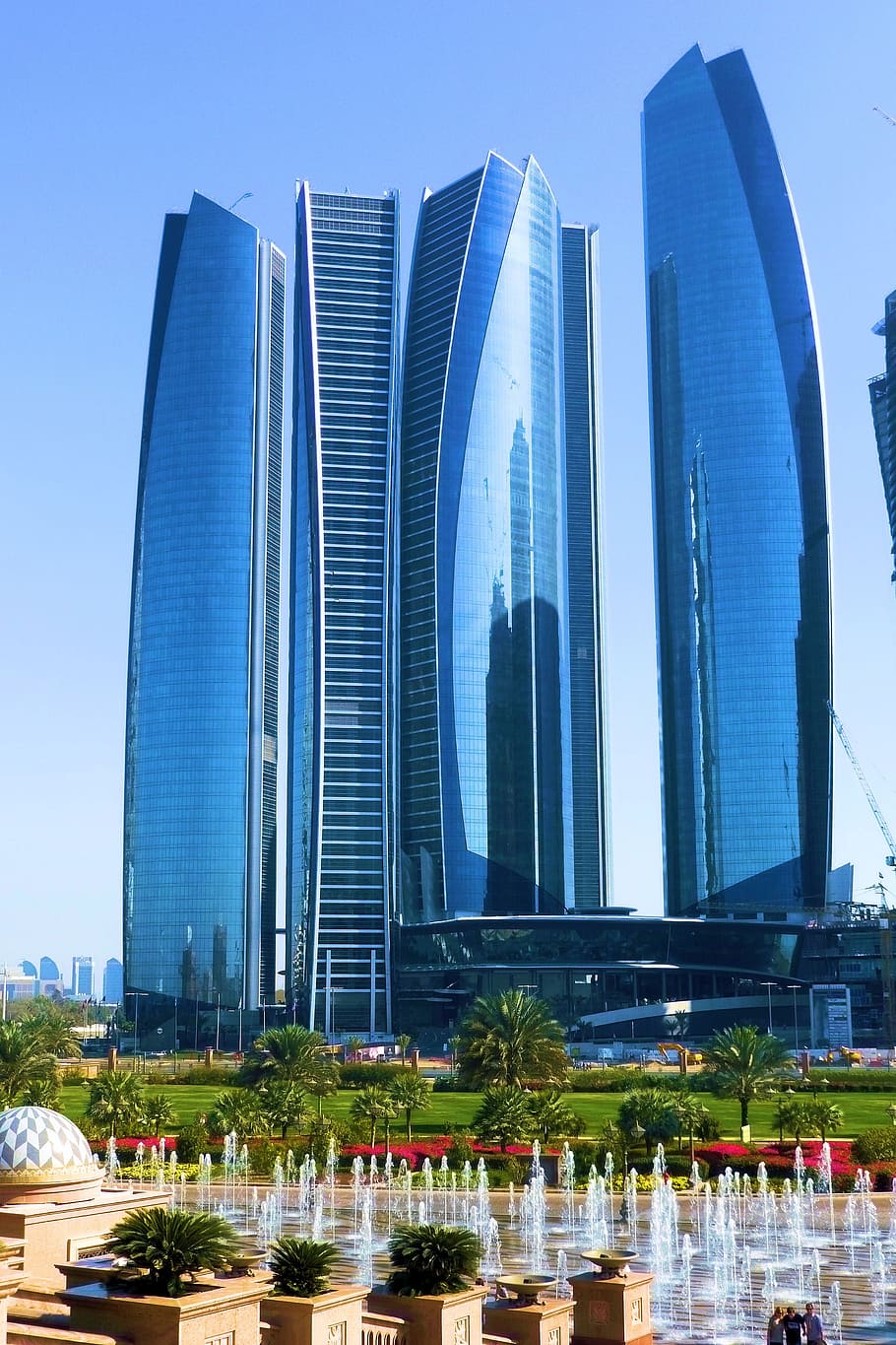 four, city, high-rise, buildings, Etihad Towers, Abu Dhabi, Skyscraper, architecture, modern, urban Scene