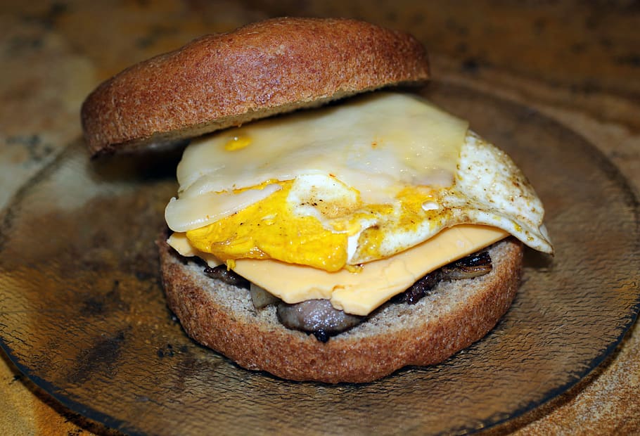 egg, sausage, cheese, american, swiss, spelt, homemade, bun, brunch, plate