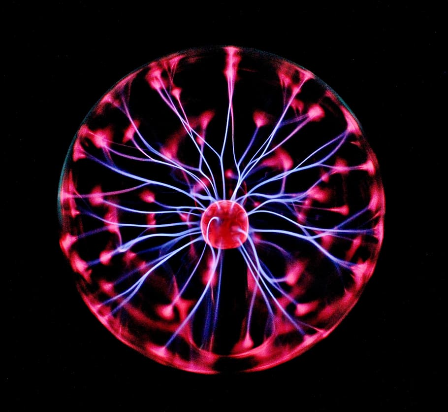 red plasma ball, plasma ball, electric, static electricity, dark, neon, lights, energy, circle, black background