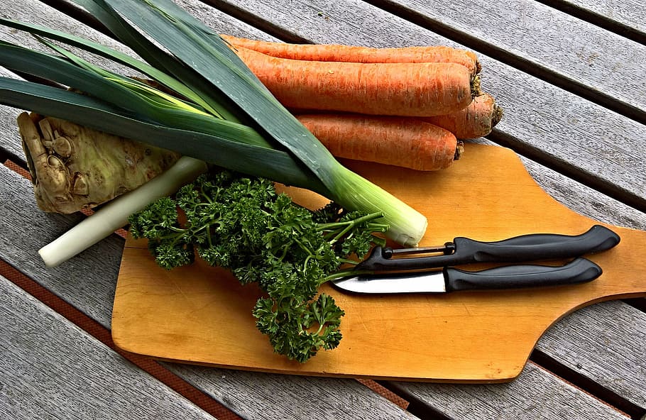 carrots, spring onions, knife, brown, chopping, board, vegetables, green soup, federal soup, celery