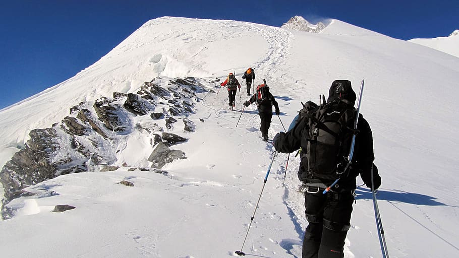 grupo, pessoas, escalada, montanha, revestido, neve, alpinismo, alpes, natureza, escalada local