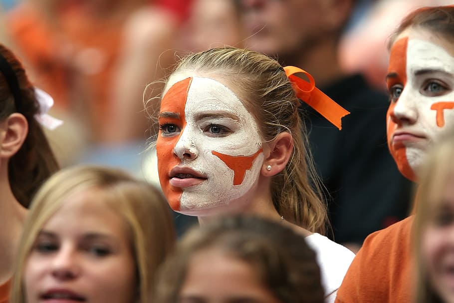 closeup, woman, white, orange, paint, face, american football, fan, supporter, girl