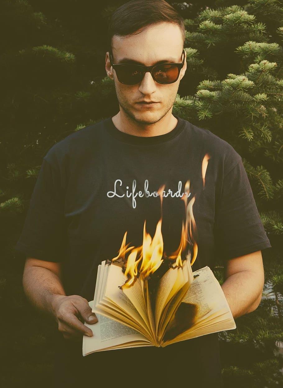tshirt, life, skateboard, black, fire, glasses, shades, sunglasses, book, burn