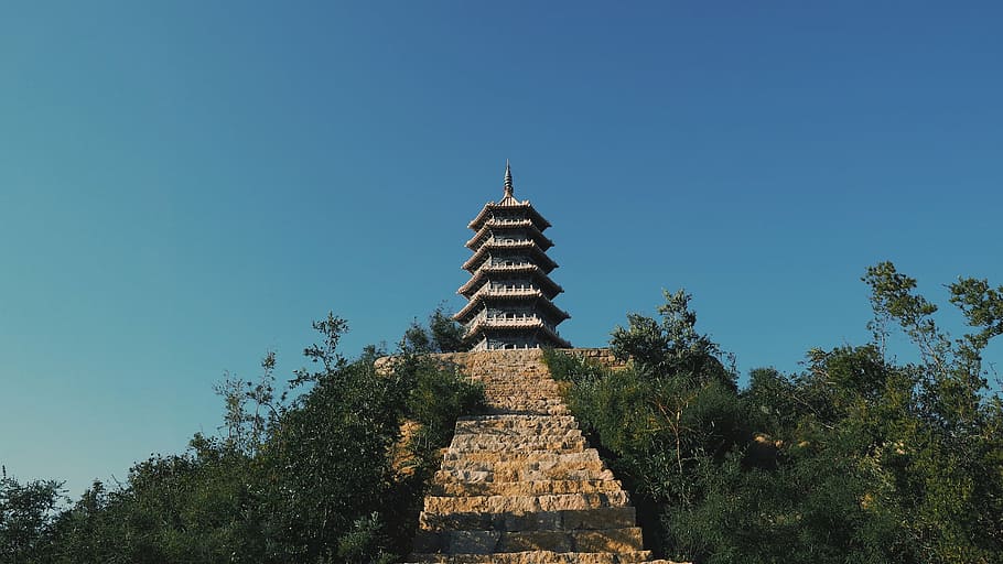 abu-abu, kuil pagoda, puncak, bukit, tengara, arsitektur, struktur, tempat, perjalanan, pohon