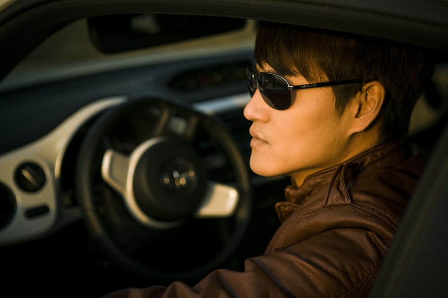 man, wearing, brown, leather jacket, inside, car, drive, people, model, glasses