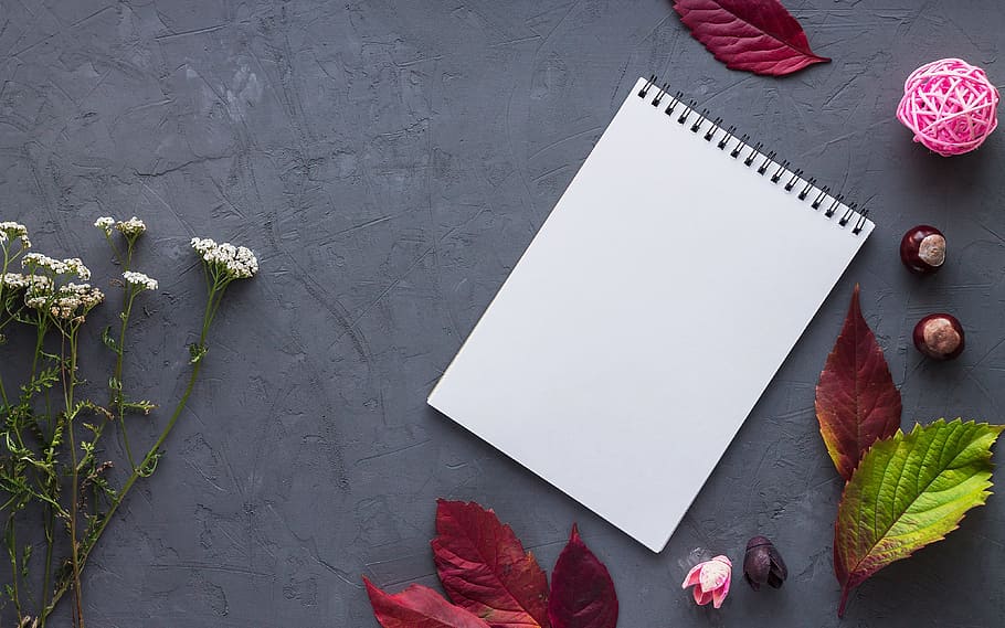 white, notebook, flowers, leaves, paper, work, office, write, record, diary