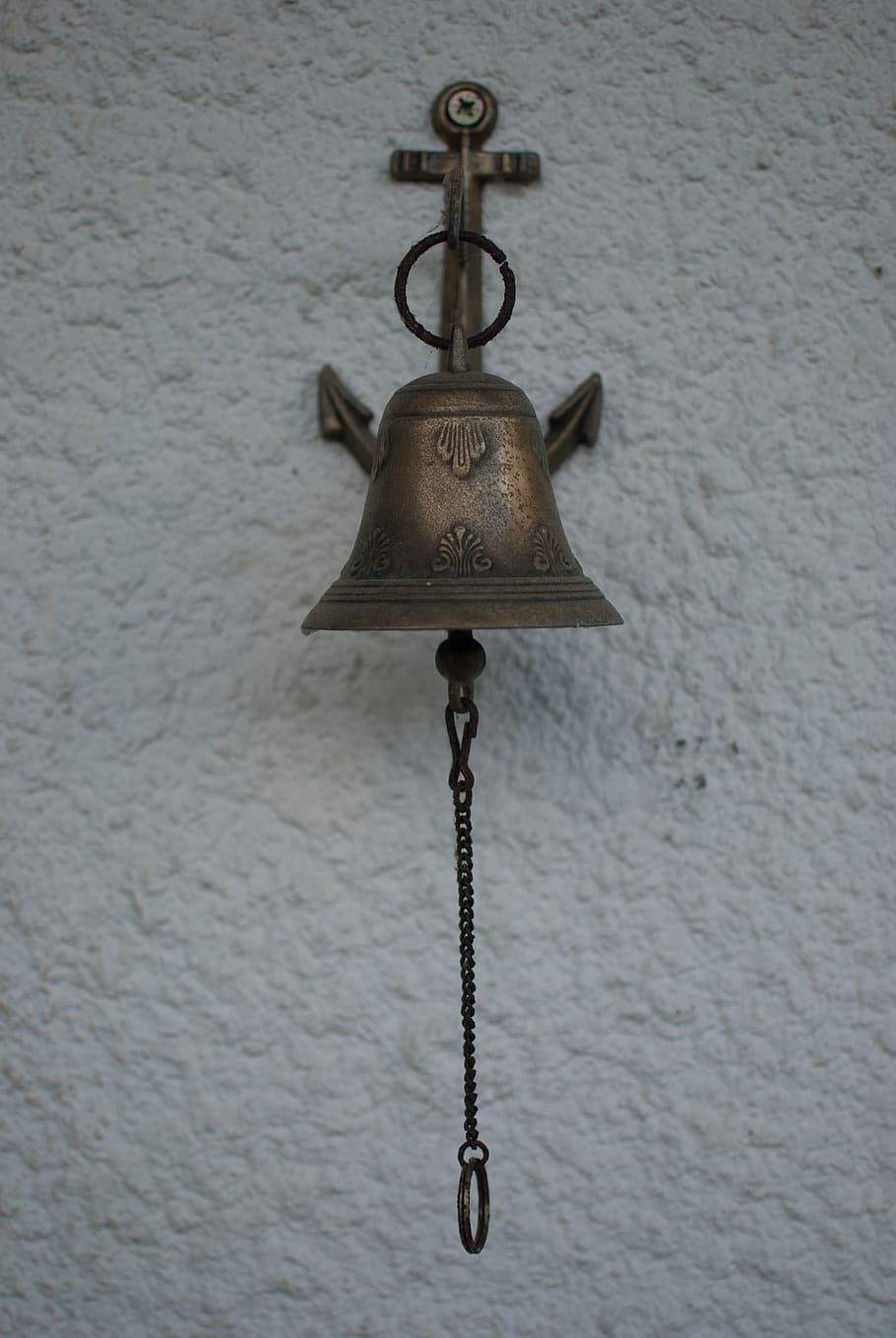 bell, copper, hanging, metal, wall - building feature, chain, close-up, indoors, old, key