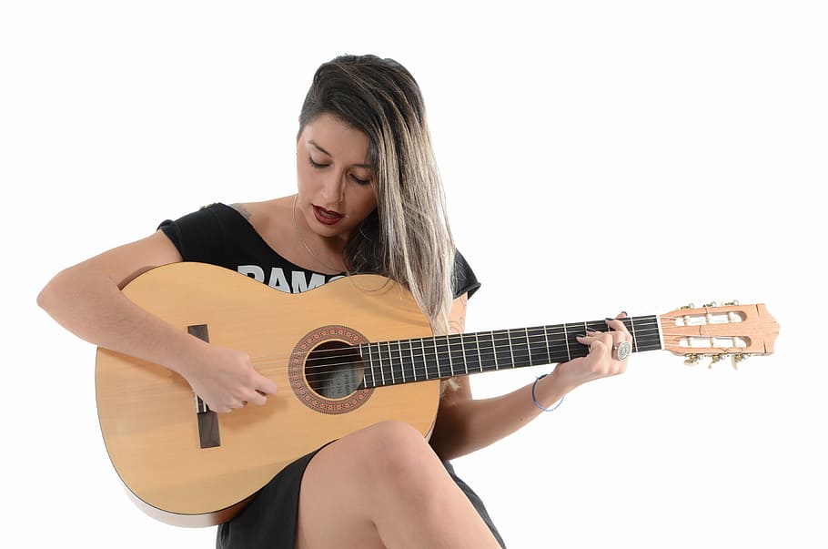 woman, black, shirt, holding, beige, guitar, sing, music, rock, girls
