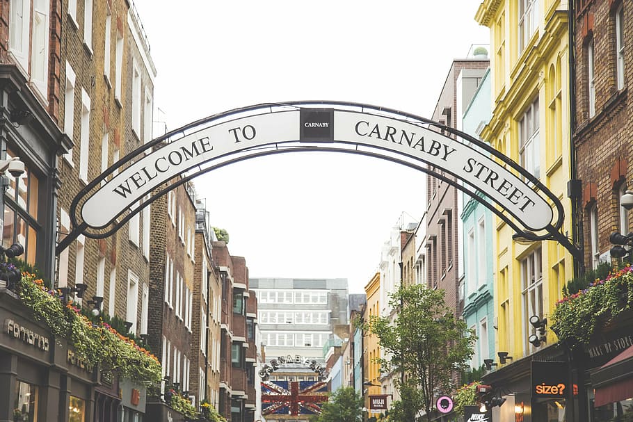 welcome, carnaby street arc signage, urban, city, architecture, building, establishment, street, trees, green
