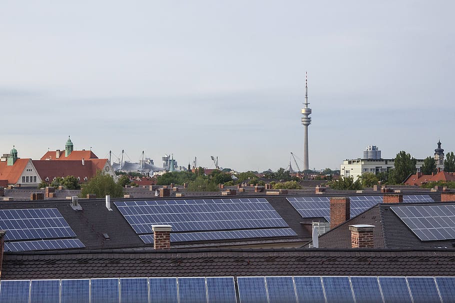 solar, panel, house roof, olympic site, munich, bavaria, roof, architecture, pylons, tv tower