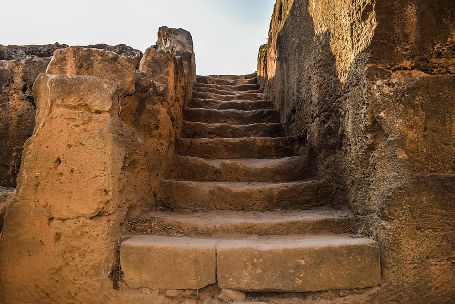 gray concrete stairs, cyprus, paphos, tombs of the kings, archaeology, archaeological, historic, stairway, ancient, unesco heritage site
