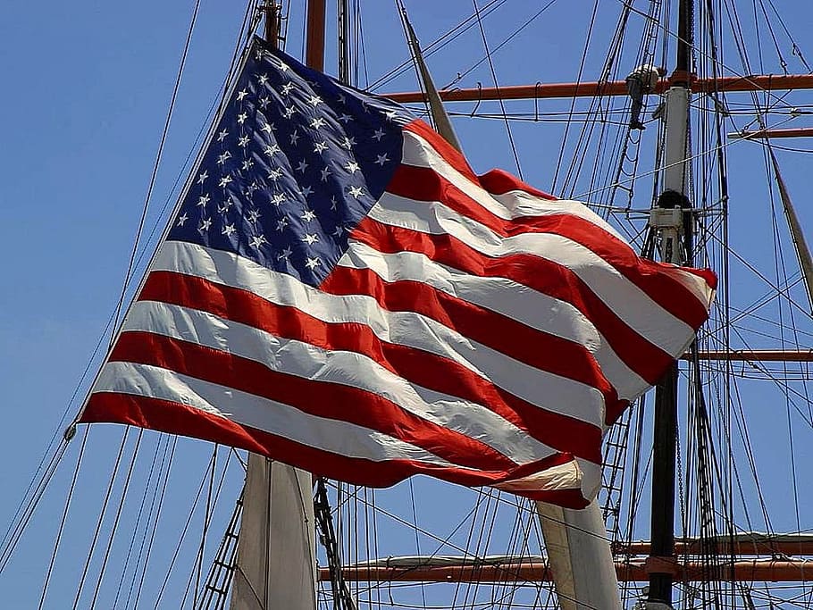 Bandeira, Americana, Nacional, País, Içado, Navio, EUA, Patriótico, Patriotismo, Listrado