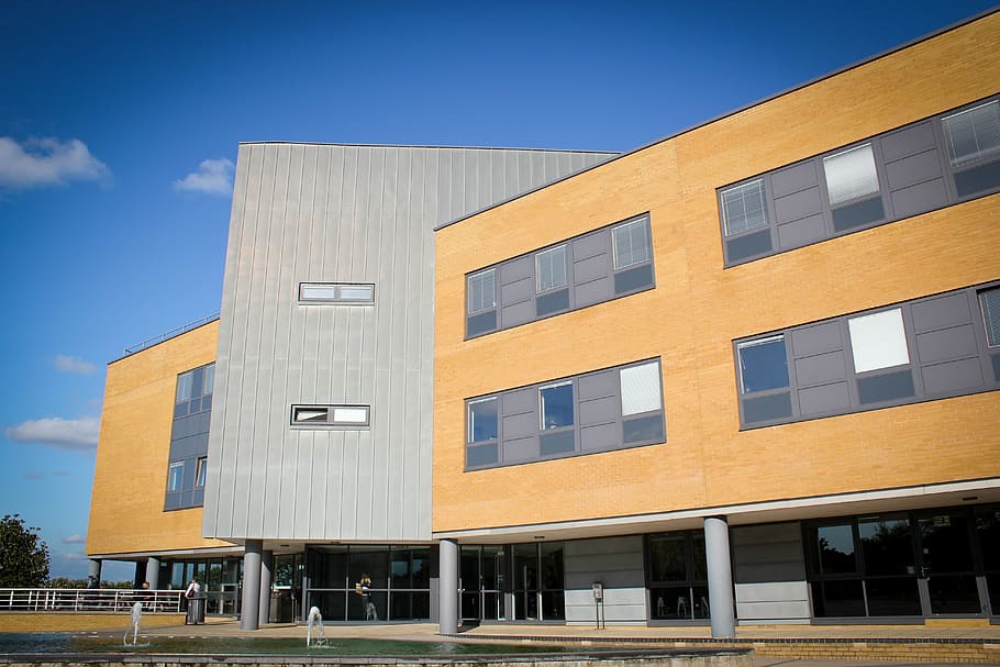 Surrey, Guildford, Management School, architecture, modern, building exterior, place of work, facade, retail, blue