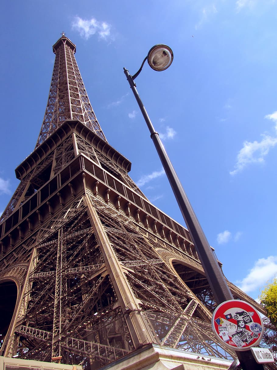 paris, eiffel tower, france, diagonal, perspective, point of interest, identifier, lamp-post, sky-blue, monument