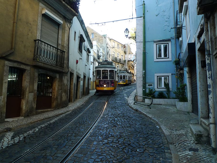 Town, Lisbon, Tram, Portugal, lisbon, tram, architecture, europe, travel, lisboa, railroad track