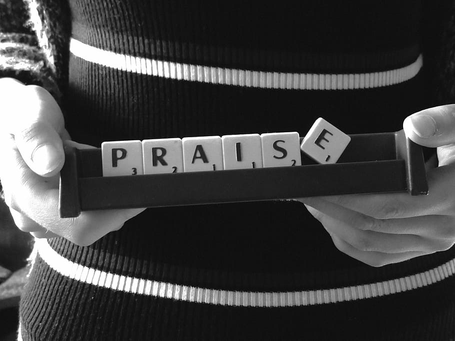 praise scrabble word, praise, word, scrabble, message, stick, black white, post, indoors, studio shot