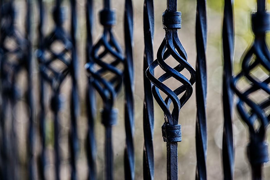 selective, focus photo, black, metal grille, fence, railing, wrought iron, barrier, security, restriction