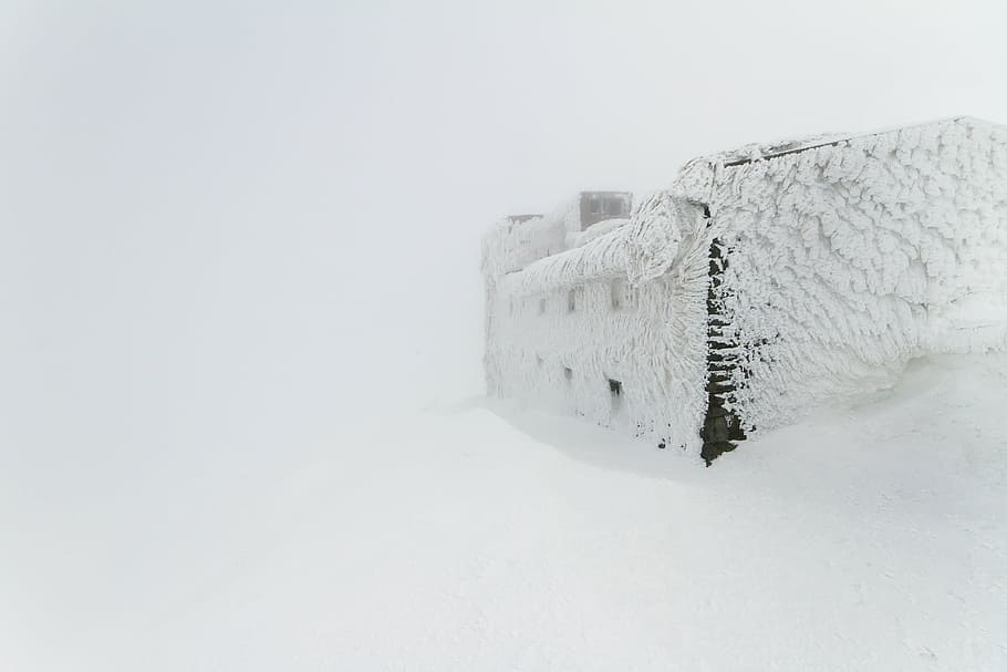 snow, coated, house, miniature, white, background, winter, cold, weather, ice