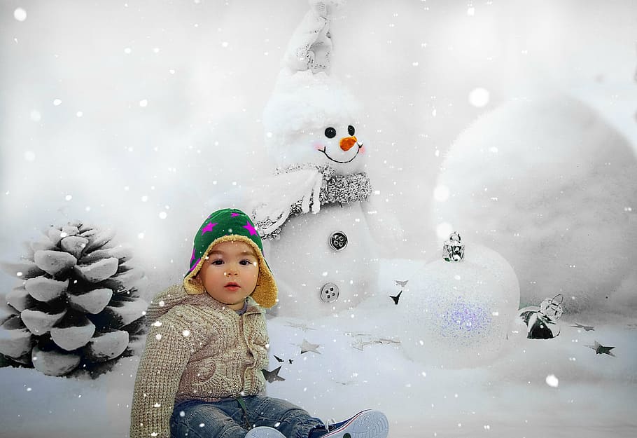 baby's white sweater, snow man, child, winter, cold, background, snow, children, cap, snow ball