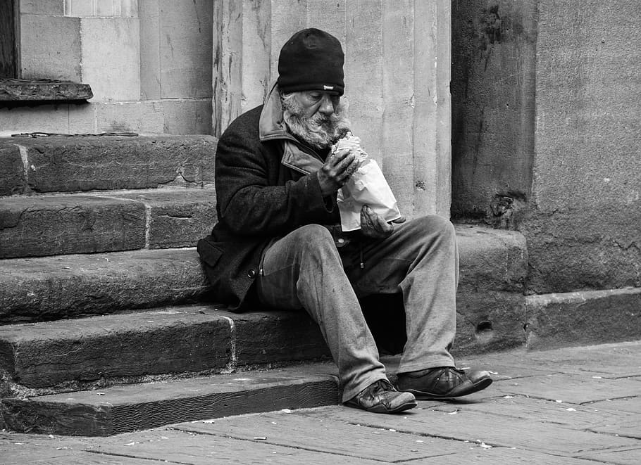 man, sitting, stair, homeless, poverty, poor, person, homelessness, street, social