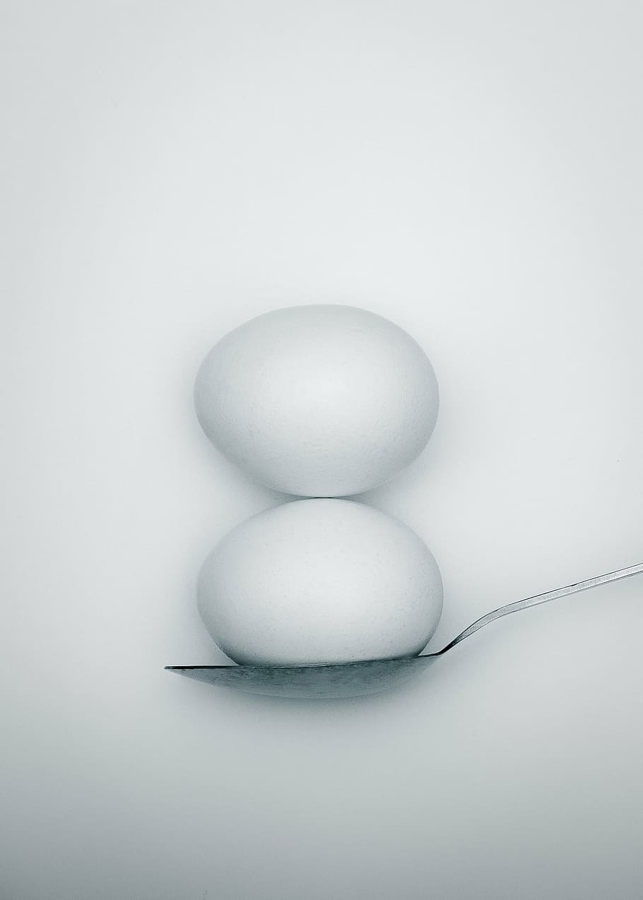 egg, silver spoon, spoon, balancing, two, white, eggs, boiled, breakfast, food