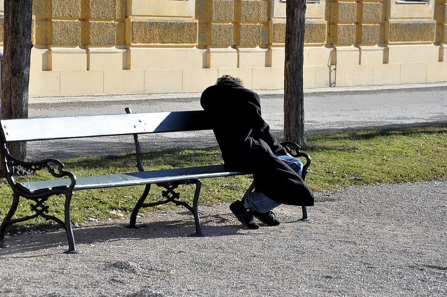 homeless, park bench, person, penner, sleep, human, old, arm, unemployed, beggars