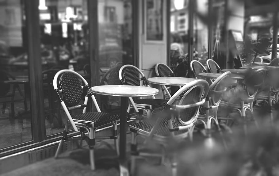 building, cafe, bar, restaurant, black and white, tables, chairs, outside, monochrome, business