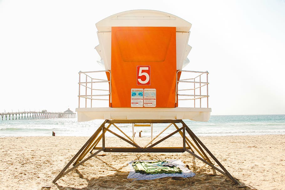 beach, lifeguard tower, ocean, outdoors, pier, sand, sea, seashore, water, safety
