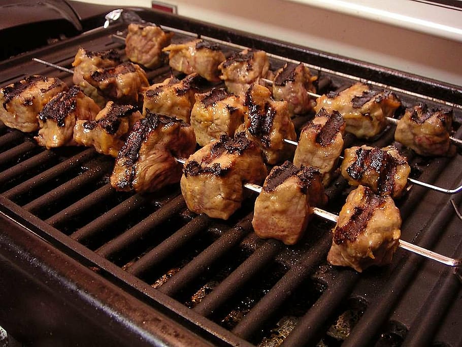shish kebab, electric grill, shish kebab skewers, skewers, barbecue, meat, tasty, beef, pork, grilled