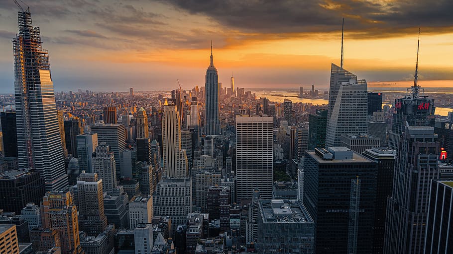 sunset, newyork, big apple, evening, america, dusk, reflection, empire, city, building exterior