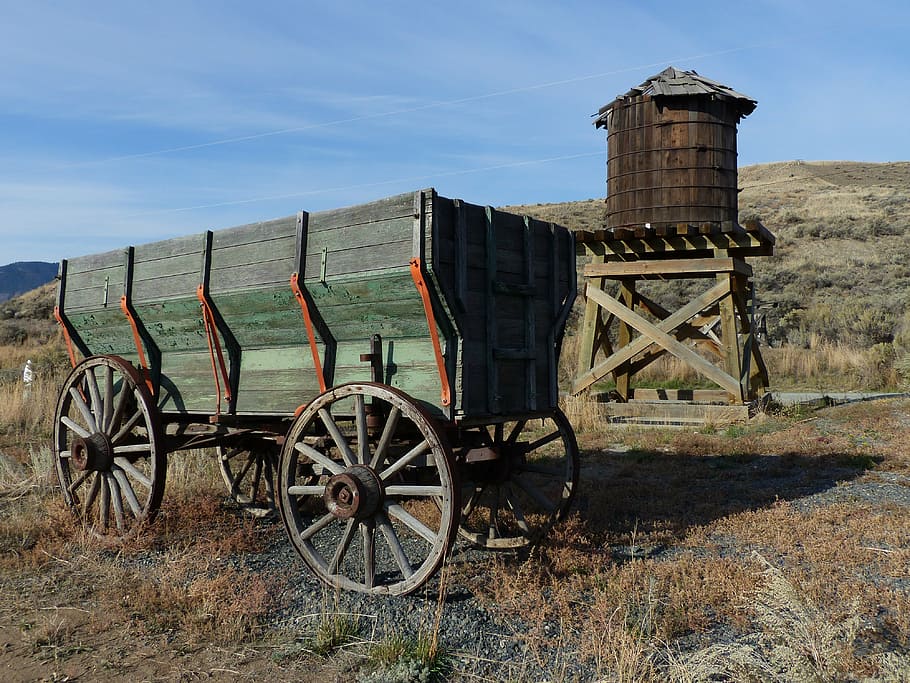 green, wooden, carriage, brown, grassland, deadman, ranch, ancient, buildings, western style